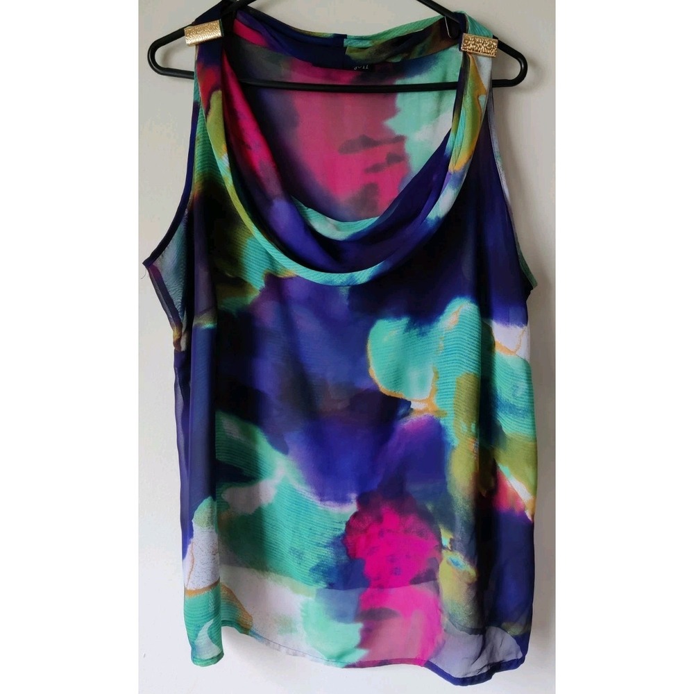 Madison Paige II Womens Sleeveless Cowl Neck Blouse Size 1X Multicolor Sheer‎